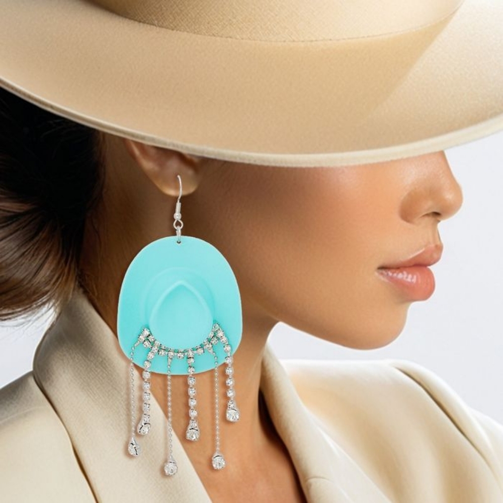 Boho Chic Turquoise Cowgirl Hat Fringe Earrings